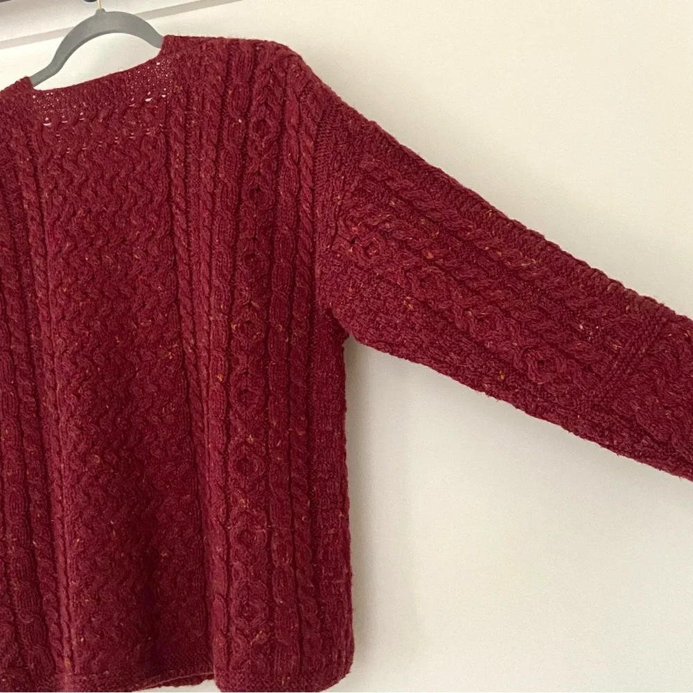Carraig Donn Cardigan Womens L Red Wool Cable Knit Ireland Chunky Fisherman